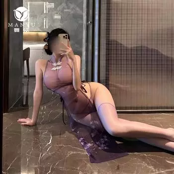 Сексуальное ципао с разрезами, на бретелях, из прозрачной сетки, страсть, соблазн, принт, бесплатный косплей average size [80-65kg]