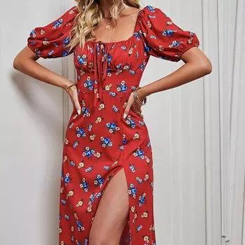 Сексуальное цветочное принтованное длинное платье с высокой талией и разрезом для женщин на праздник, модное облегающее платье с рукавами-фонариками и открытой спиной, женское платье-халат 26223 S орион