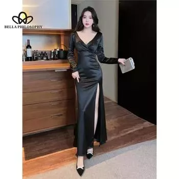 Сексуальное длинное атласное платье с длинными рукавами в европейском и американском стиле, облегающее вечернее платье с узкой талией и бедрами S чёрный