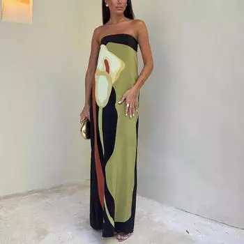 Сексуальное длинное платье без бретелек с открытой спиной и принтом, женское модное платье без рукавов с открытыми плечами, Клубные платья, женские летние пляжные элегантные вечерние халаты S зелёный