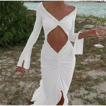 Сексуальное длинное платье с глубоким V-образным вырезом для женщин, плиссированные платья с оборками, женское праздничное пляжное облегающее вечернее платье для леди S абрикосовый