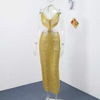 Сексуальное длинное платье с кисточками и бретельками через шею, женское, без рукавов, с открытой спиной, макси-платья 2025 года, летние платья для вечеринок и клубов на пляже Y2K S золотой