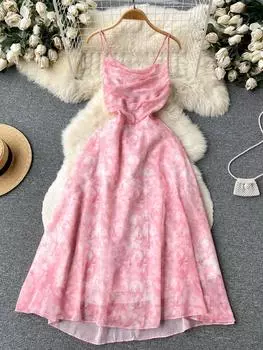 Сексуальное длинное платье с открытыми плечами, женское эластичное платье без рукавов для отдыха с цветочным принтом, женское пляжное платье-сарафан, летнее, новое S розовый