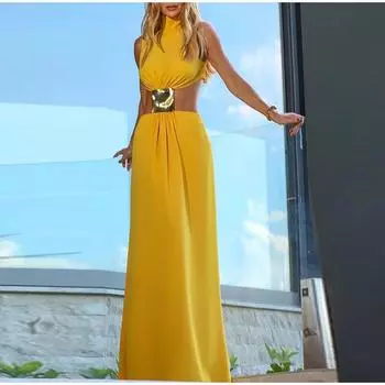 Сексуальное длинное платье с вырезом Женское шикарное облегающее пляжное платье без рукавов с высоким воротом Женское модное летнее однотонное вечернее платье 2025 года S жёлтый