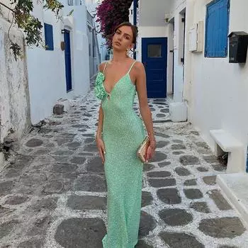 Сексуальное длинное пляжное платье с блестками и 3D-цветком, женское ретро-трикотажное платье с V-образным вырезом без рукавов, блестящее платье-слинг, женское праздничное платье S темно-зеленого