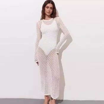 Сексуальное длинное трикотажное пляжное платье для женщин, открытая шея, бикини, накидка, платья весна-лето, модные новые женские праздничные платья S белый