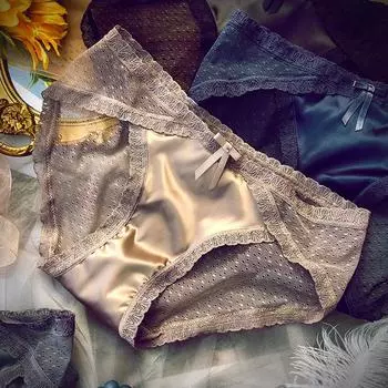 Сексуальное французское кружевное нижнее белье для женщин, прозрачное сетчатое легкое нижнее белье, дышащие трусики из чистого хлопка с промежностью M серый