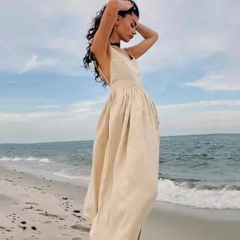 Сексуальное хлопковое платье с открытой спиной на подтяжках, элегантное повседневное женское вечернее платье на шнуровке, женские однотонные свободные длинные платья без рукавов 1031 S абрикосовый