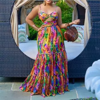 Сексуальное и модное летнее платье с принтом, бретельками-тонками и распашным подолом для женщин S лавандовый