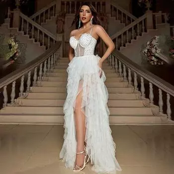 Сексуальное и модное платье для знаменитостей, свадебное банкетное платье подружки невесты с сеткой и стразами на бретельках, платье на бретельках S белый