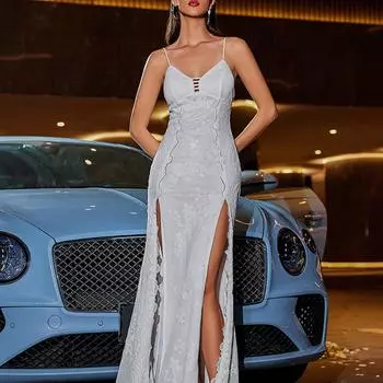 Сексуальное и модное платье с рюшами и пайетками, вечернее длинное платье с открытой спиной и бретелями XS белый