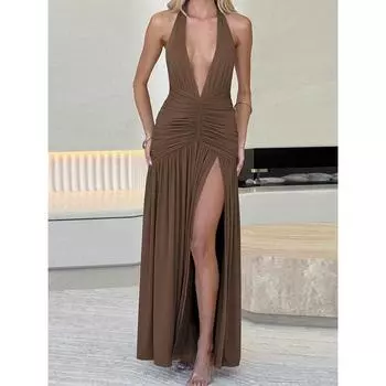 Сексуальное коктейльное и вечернее платье с открытой спиной и V-образным вырезом на шнуровке, женское плиссированное платье с разрезами по бокам, без рукавов, длинное платье S света кофе