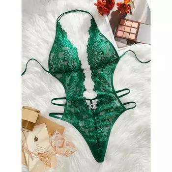 Сексуальное контрастное кружевное боди с глубоким вырезом, боди с вырезом в форме сердца и шнуровкой на шее, женское сексуальное нижнее белье S(4)