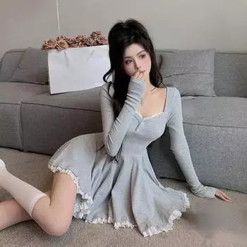 Сексуальное корейское платье во французском стиле с закрытой талией и длинными рукавами, открытая ключица, милая повседневная вечерняя одежда, летняя мода S серый