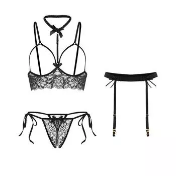 Сексуальное кружевное эротическое нижнее белье с узлом из ююбы открытое искушение выдолбленный трехточечный пояс для чулок чистое желание ветер униформа комплект One size fits all [80-60kg]
