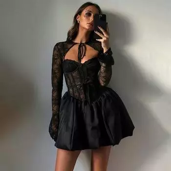 Сексуальное кружевное бандажное мини-платье, женское модное прозрачное платье А-силуэта с длинным рукавом, черное платье-платье для леди S чёрный