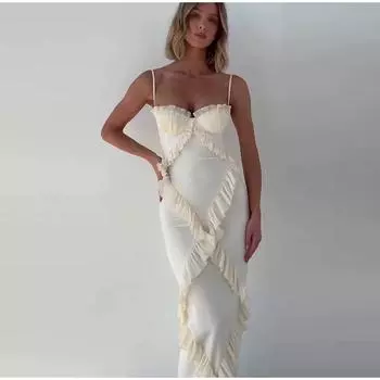 Сексуальное кружевное длинное платье с рюшами, женское, с высокой талией, без рукавов, платья-халтер, весна-лето, женские платья S белый