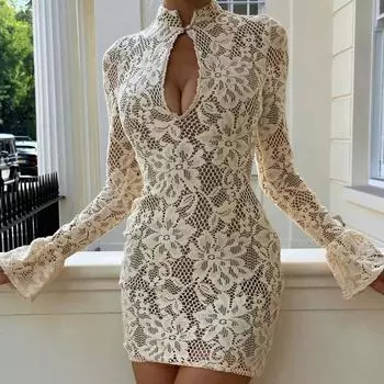 Сексуальное кружевное мини-платье с принтом, женское, с V-образным вырезом, модное, облегающее, с длинным рукавом, прозрачное, женское вечернее платье 2025 S бежевый
