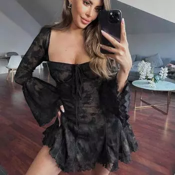 Сексуальное кружевное мини-платье, женское элегантное расклешенное платье с длинным рукавом, облегающее платье А-силуэта, весна-лето, женское клубное вечернее короткое платье S белый