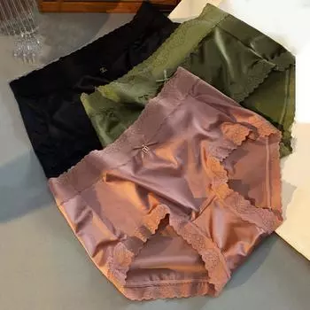 Сексуальное кружевное нижнее белье для женщин, бесшовные трусики из замороженного шелка с шелковистым тактильным прикосновением, невидимое атласное кружевное женское нижнее белье, трусики, трусы M чёрный