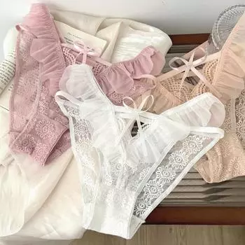 Сексуальное кружевное нижнее белье для женщин с заниженной талией, чистый дышащий хлопок, треугольные трусики для девочек M чёрный