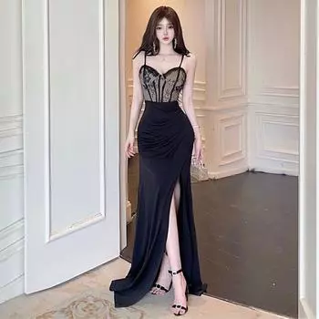 Сексуальное кружевное платье со шнуровкой и высокой талией S чёрный