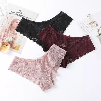 Сексуальное кружевное прозрачное нижнее белье для женщин с низкой талией, бесшовные трусики, ажурное женское нижнее белье больших размеров M красный