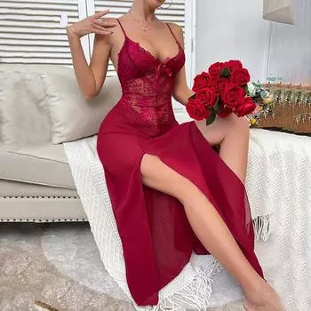 Сексуальное кружевное свадебное белье Женские подтяжки Ночная рубашка Эротическая сетка Длинный разрез Прозрачный Babydoll Трансграничные взрослые костюмы XS красный