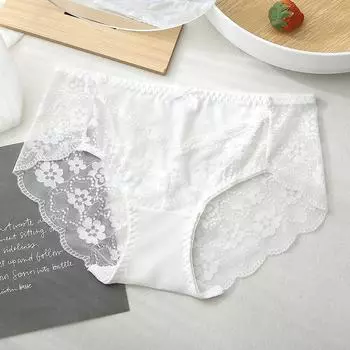 Сексуальное кружевное женское нижнее белье, летние тонкие романтические дышащие трусы со средней посадкой из мягкого хлопка с промежностью M белый