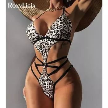 Сексуальное леопардовое монокини с вырезами на бретельках и открытой спиной, женский купальник, цельный купальник, женский купальный костюм с лямкой на шее, купальный костюм для плавания S леопардовый