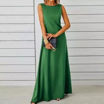 Сексуальное летнее черное платье без рукавов, модное элегантное женское облегающее свободное платье на бретельках, макси-длинное платье трапециевидной формы, женские повседневные платья с круглым вырезом 1034 S чёрный