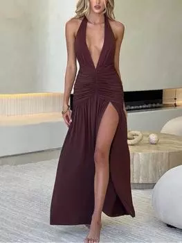 Сексуальное летнее однотонное вечернее платье с высоким разрезом, женское элегантное плиссированное длинное платье с глубоким v-образным вырезом, женская мода, шикарная ретро одежда с открытой спиной L коричневый