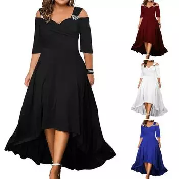 Сексуальное летнее платье с открытыми плечами, v-образным вырезом, расклешенным большим подолом, облегающее элегантное женское платье больших размеров, однотонное длинное платье, повседневная одежда для вечеринок L чёрный