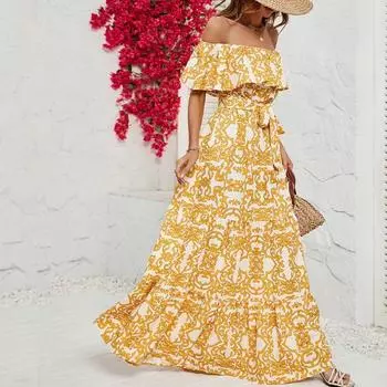 Сексуальное летнее платье с открытыми плечами, женское, новое, с принтом, оборками, элегантное, с вырезом-лодочкой, А-силуэта, повседневные длинные платья для женщин, на шнуровке, с высокой талией, платье для отпуска 26168 S жёлтый