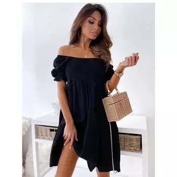 Сексуальное летнее платье с вырезом-лодочкой, модное повседневное свободное белое черное пляжное мини-платье для женщин, элегантное женское платье с коротким рукавом S чёрный