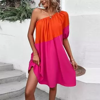 Сексуальное летнее пляжное платье - женское асимметричное платье макси на одно плечо в стиле колор-блок S разноцветный