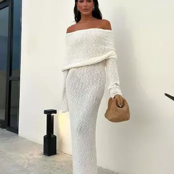Сексуальное макси-платье с открытыми плечами, связанное крючком, для женщин, облегающее платье-свитер из эластичной сетки, женское элегантное коктейльное платье с длинным рукавом и запахом S