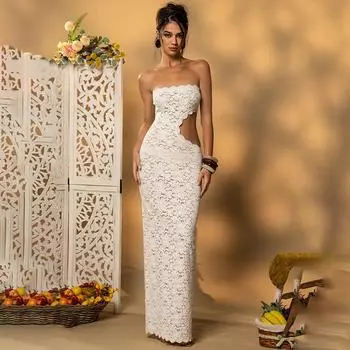 Сексуальное макси-платье с открытыми плечами и открытой спиной, женское кружевное платье без бретелек, без рукавов, облегающее, длинное платье для клуба, элегантное S белый
