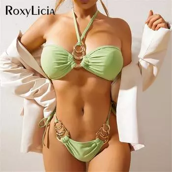 Сексуальное металлическое кольцо, бразильское бикини, женский купальник, женский купальник, комплект бикини из двух частей, купальный костюм для плавания S зелёный