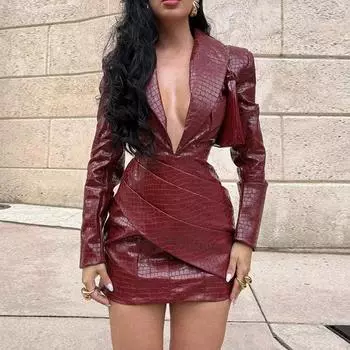 Сексуальное мини-платье из кожи с глубоким V-образным вырезом, женское, с длинным рукавом, высокой талией, складками, платьями, модное, облегающее, вечернее платье S бордовый