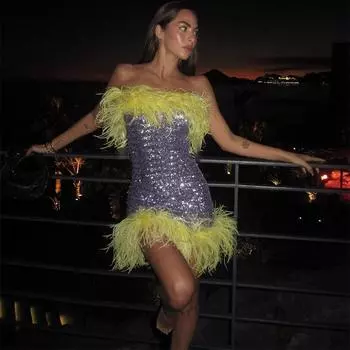 Сексуальное мини-платье с пайетками и перьями в стиле пэчворк для вечеринки, женское сексуальное облегающее платье без рукавов, модное вечернее платье с открытой спиной S