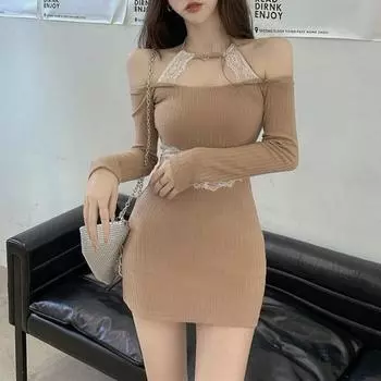 Сексуальное мини-платье с вырезом-халтер и разрезом на шее, весна-осень, горячая женская одежда с поясной сумкой, стильное кружевное лоскутное базовое облегающее платье S синий