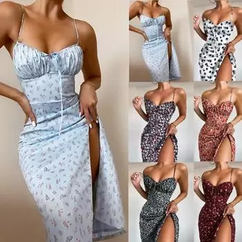 Сексуальное модное открытое платье с цветочным принтом и рюшами на шнуровке женское M светло-синий