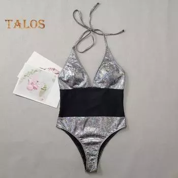 Сексуальное монокини с блестками в стиле пэчворк, цветное монокини на шнуровке, с открытой спиной, цельное бикини с высокой талией, блестящая пляжная одежда, купальник для отдыха и вечеринки L серебряный