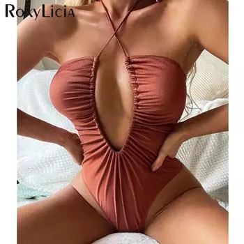 Сексуальное Монокини с морщинистым вырезом и лямкой на шее, женский купальник, цельный купальник, женский купальный костюм с высоким вырезом, купальный костюм, женский купальный костюм S чёрный