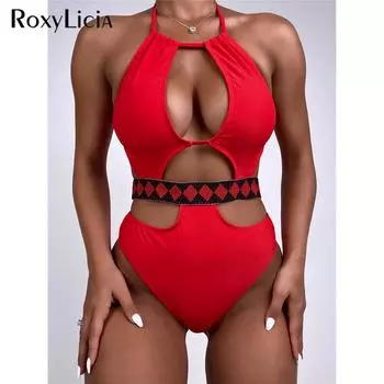 Сексуальное монокини с вырезами на шее, цельный купальник, женский купальник, женский купальный костюм с мягкой подкладкой, купальный костюм для женщин S красный