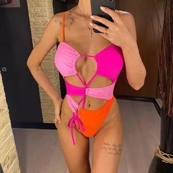 Сексуальное монокини с вырезами на шнуровке, цельный купальник, женский купальник, женский купальный костюм с высоким вырезом, купальный костюм, женский купальный костюм S розовый