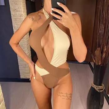 Сексуальное монокини с вырезом на шее и открытой спиной, цельный купальник, женский купальник, женский купальный костюм с высоким вырезом, купальный костюм для плавания S кофейный