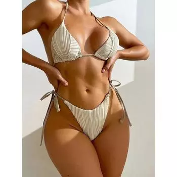Сексуальное морщинистое бразильское бикини с лямкой на шее, женский купальник, женский купальник из двух частей, комплект бикини, купальный костюм, купальный костюм для леди S бежевый