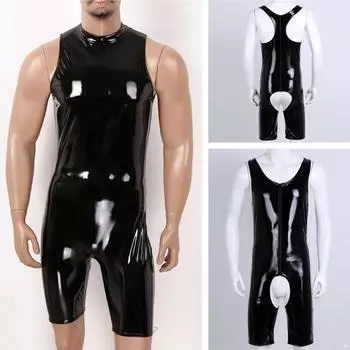 Сексуальное мужское цельное плотное нижнее белье с вырезами, блестящая кожаная борцовская майка с бандажным ремнем, боди, купальный костюм L